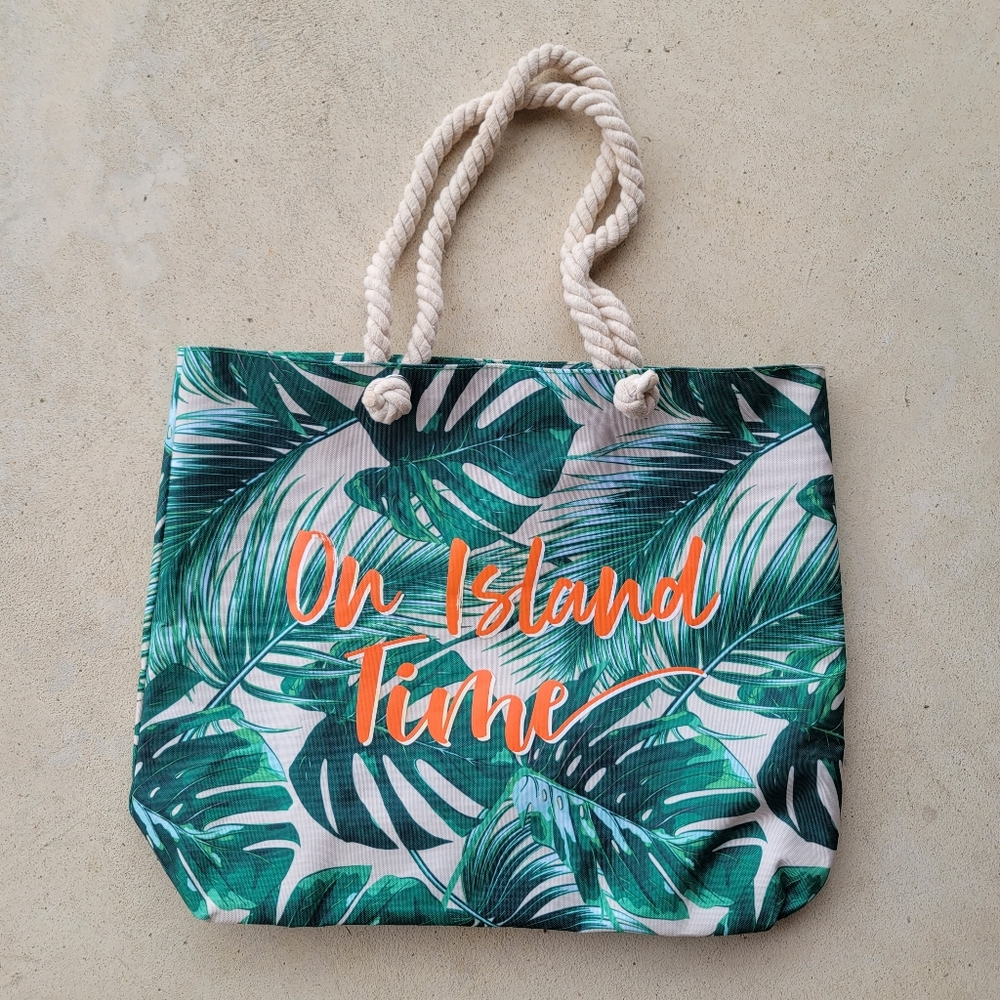 On Island Time Palm Leaves Beach Bag Rope Handles